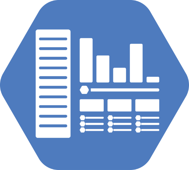 blue hexagon with black icons making up graphs, bar charts, and tables